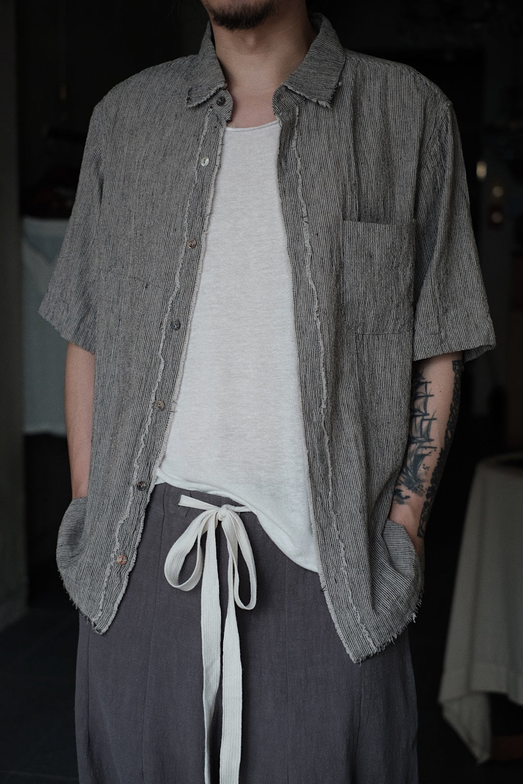 Le'IKUJI linen striped shirt w/pockets unisex